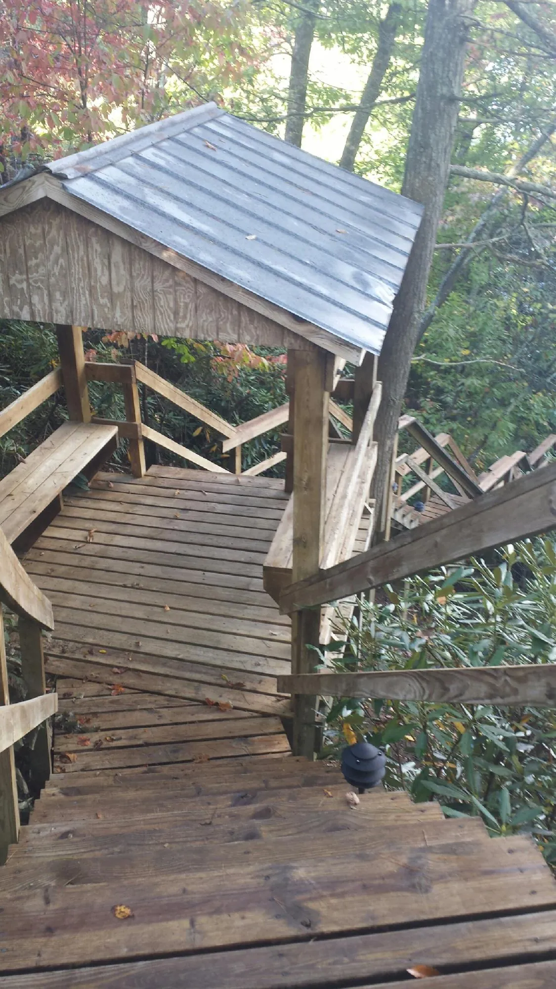 Metal roofed shelter over wooden steps on a wooded walkway — Skylight Repair & Installation work by our crew in Tillman