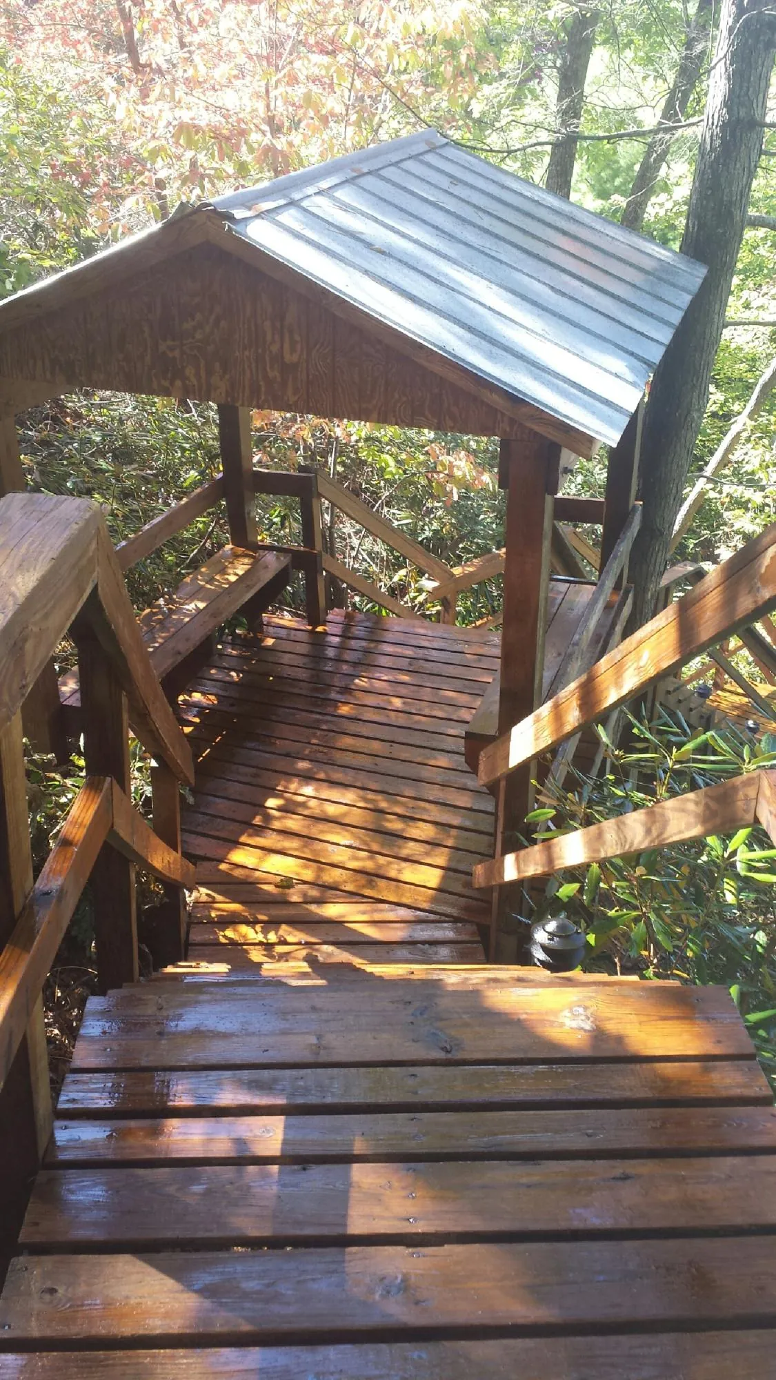 Freshly stained wood walkway and covered shelter with a metal roof in Tillman